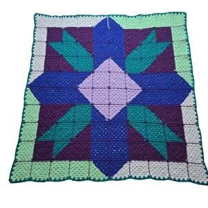 Handmade Crochet Granny Square Lap Blanket Star Pattern Boho Throw 43x43